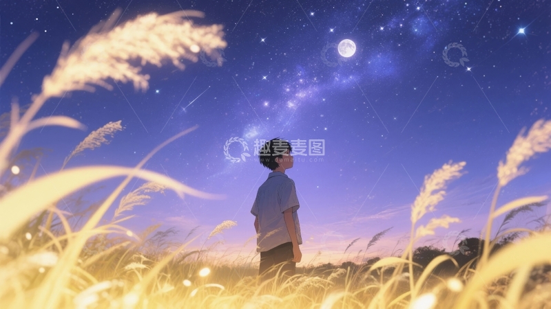 高清大图下载【趣麦麦图】夜空下仰望星空的少年