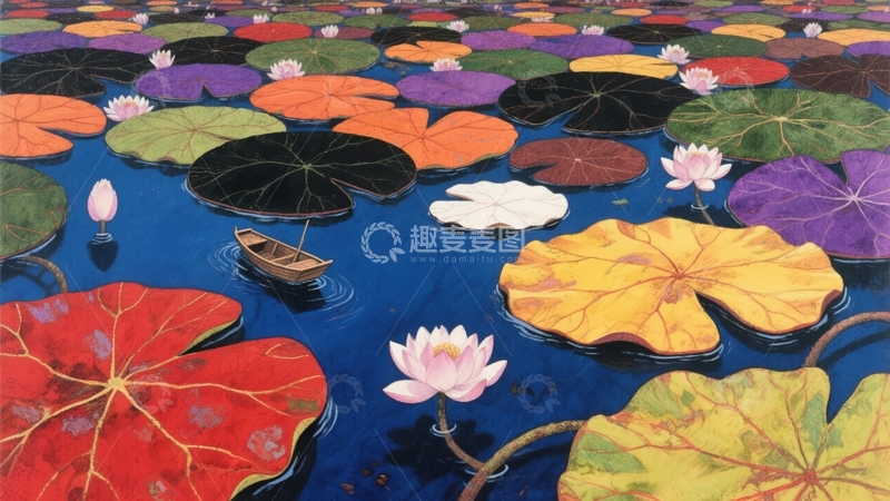 高清大图下载【趣麦麦图】色彩斑斓的荷塘与小舟
