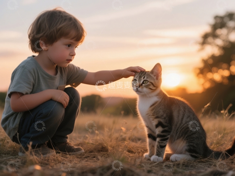 高清大图下载【趣麦麦图】小男孩轻抚猫咪，夕阳下温馨一幕