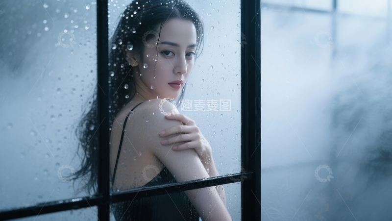 高清大图下载【趣麦麦图】雨中窗边的沉思女子