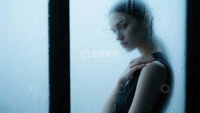 雨中窗前的沉思女子