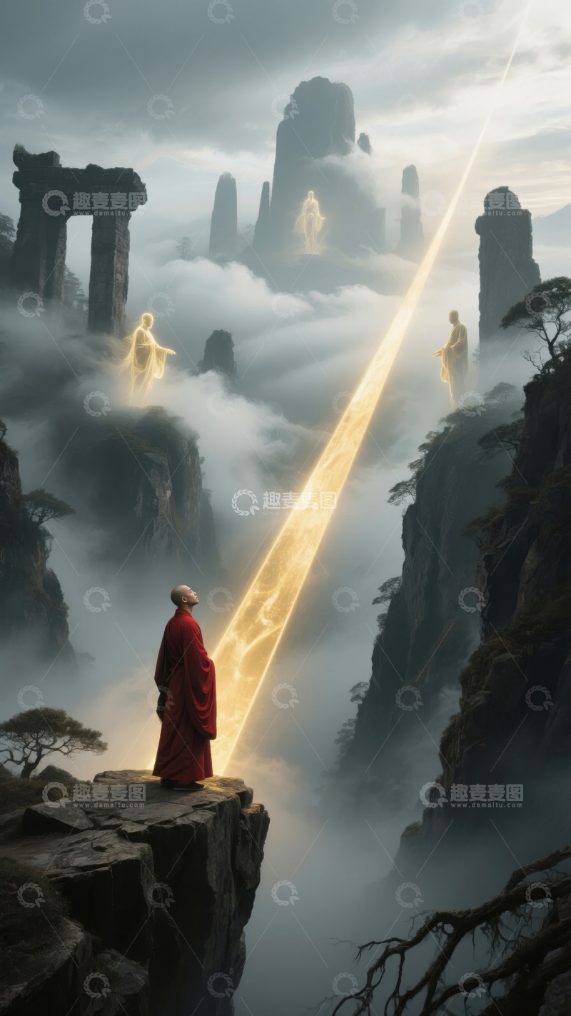 高清大图下载【趣麦麦图】山巅修士凝视天际光束