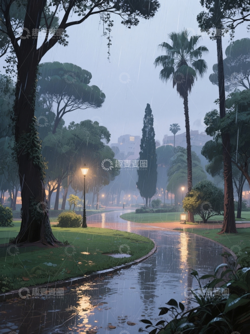 高清大图下载【趣麦麦图】雨夜公园小径，灯光映照水面