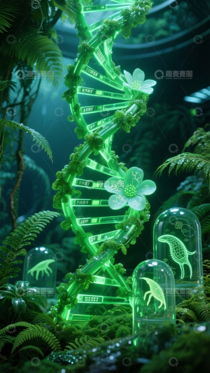 高清大图下载【趣麦麦图】荧光DNA双螺旋与植物共生的未来生态