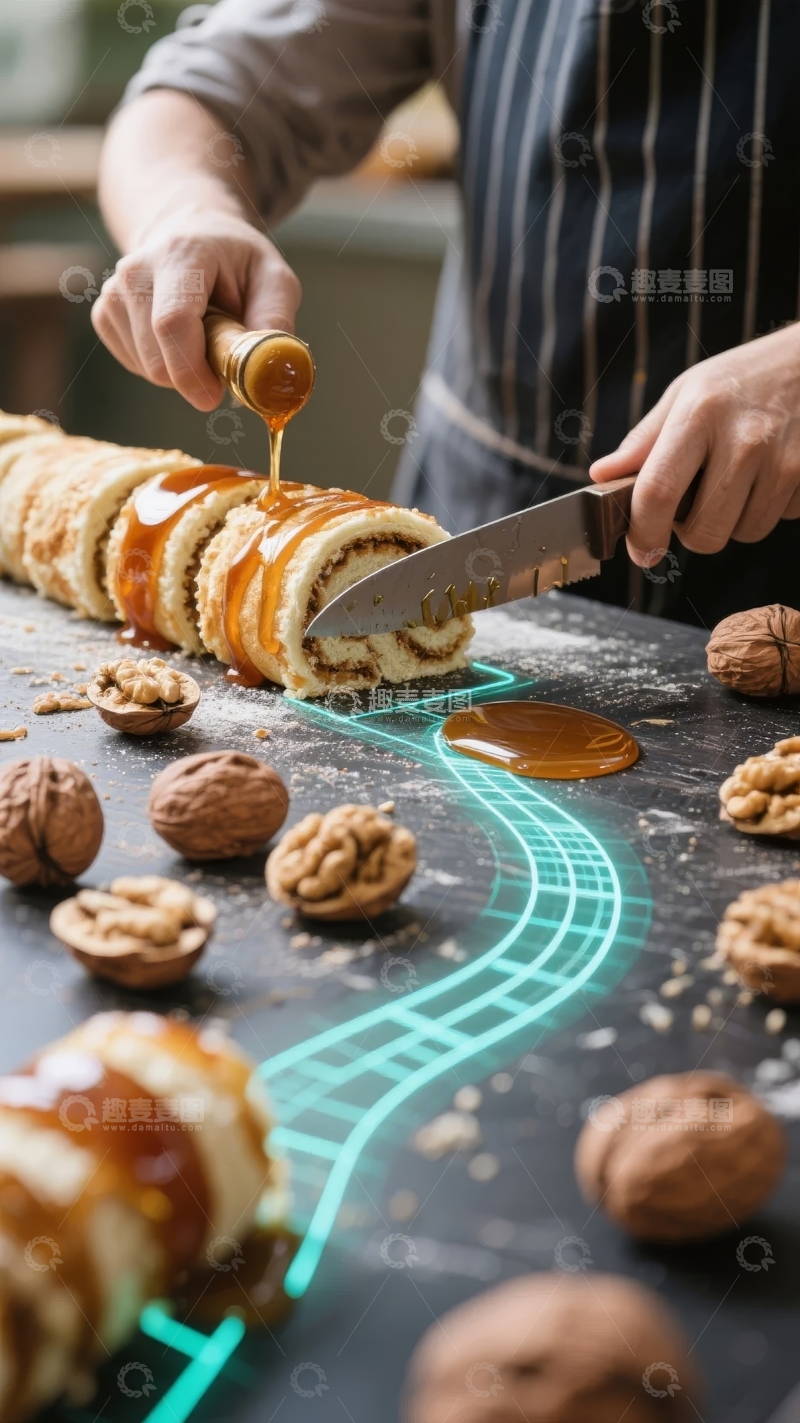 高清大图下载【趣麦麦图】切片核桃蛋糕，淋上糖浆