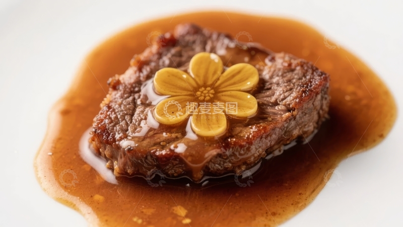 高清大图下载【趣麦麦图】牛排配酱汁与花形装饰