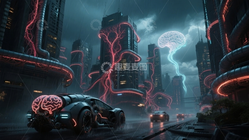 高清大图下载【趣麦麦图】未来城市夜景与智能车辆