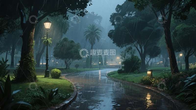 高清大图下载【趣麦麦图】雨夜公园小径，灯光映照绿树成荫