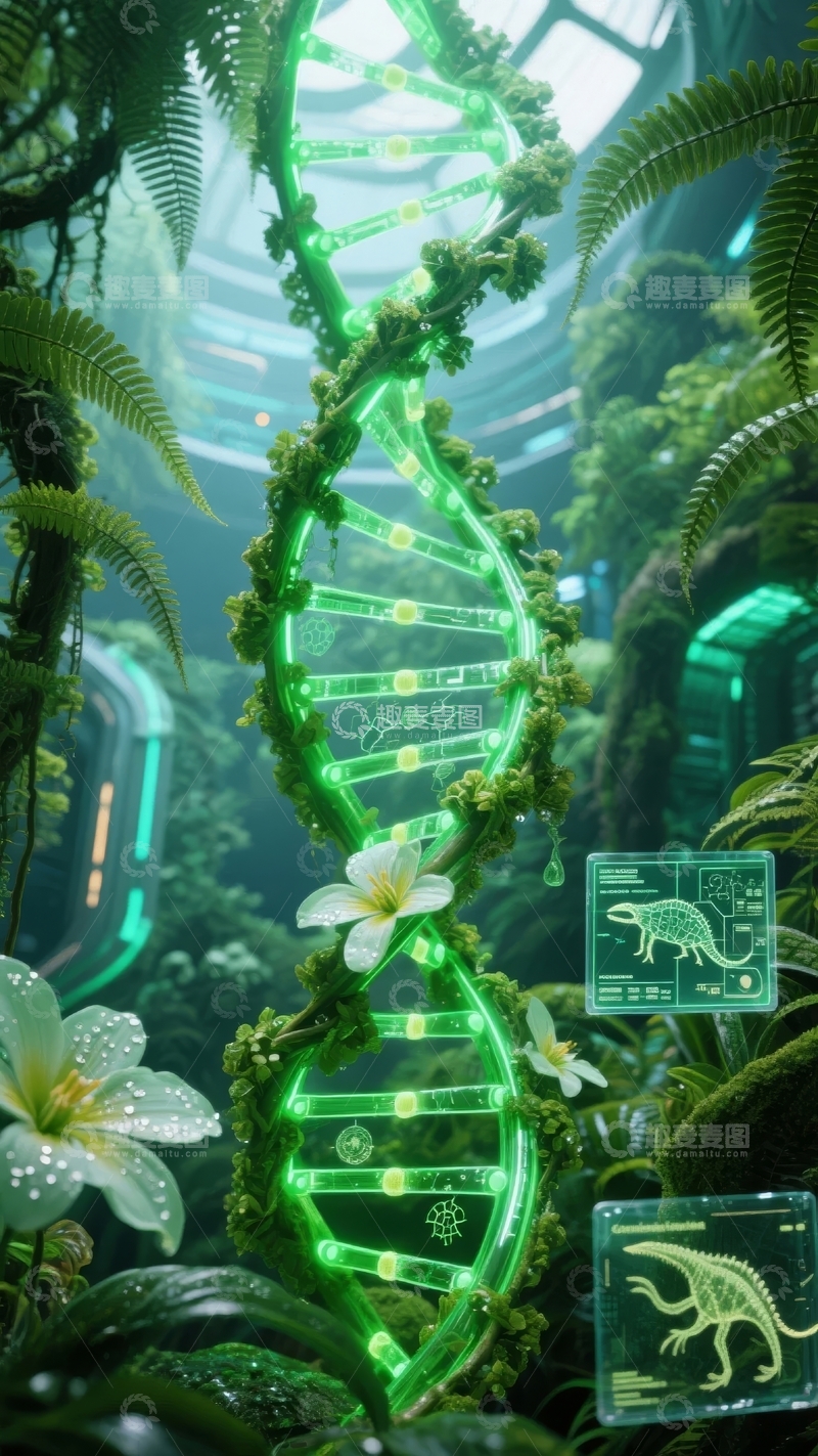 高清大图下载【趣麦麦图】未来森林中的发光DNA双螺旋结构