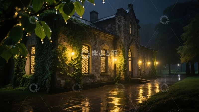 高清大图下载【趣麦麦图】雨夜中的古堡灯光