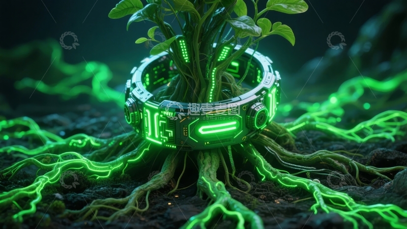 高清大图下载【趣麦麦图】科技植物：发光根系与电路环