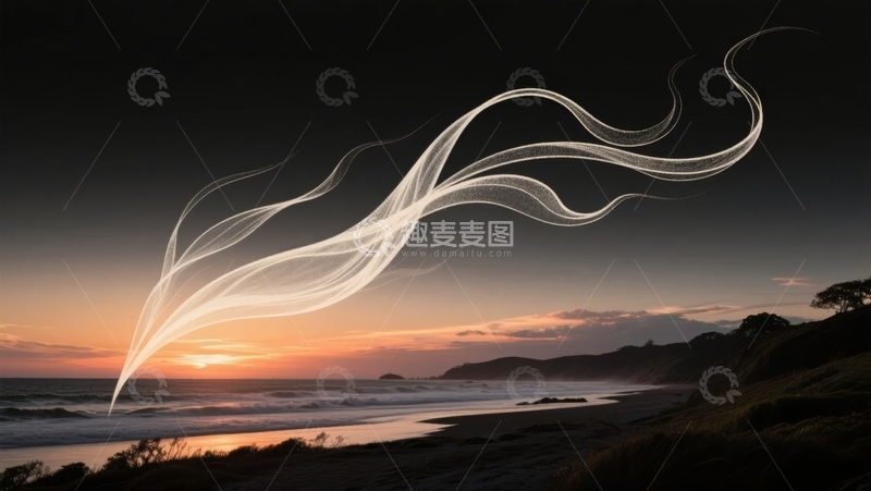 高清大图下载【趣麦麦图】海边日落与光轨交织的梦幻景象