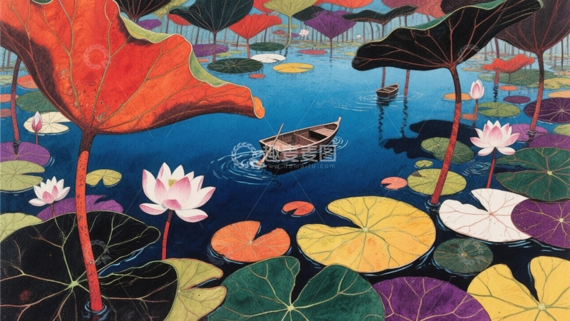 高清大图下载【趣麦麦图】荷塘小舟，秋叶映水