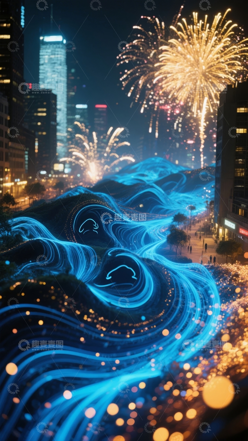 高清大图下载【趣麦麦图】城市夜景与烟花下的光流