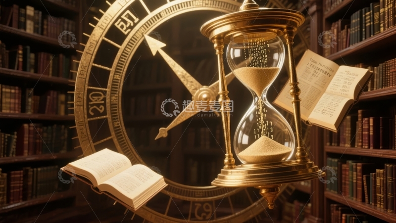 高清大图下载【趣麦麦图】图书馆中的沙漏与钟表