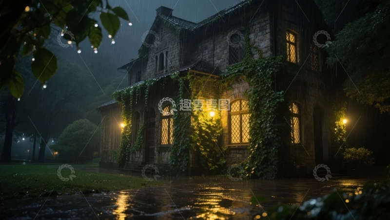 高清大图下载【趣麦麦图】雨夜中的古老别墅