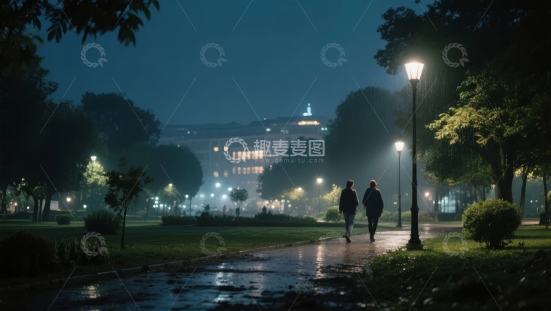 高清大图下载【趣麦麦图】夜幕下的公园散步