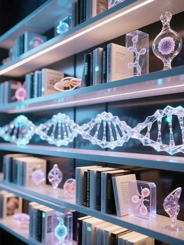 书架上的DNA模型与科学书籍