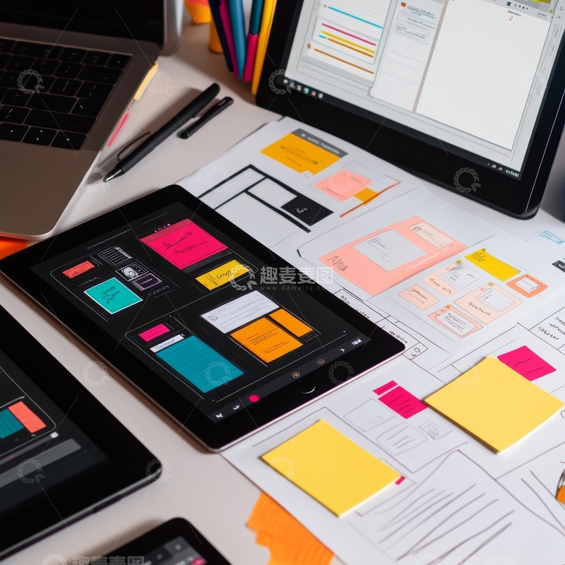 高清大图下载【趣麦麦图】设计工作台上的平板与草图