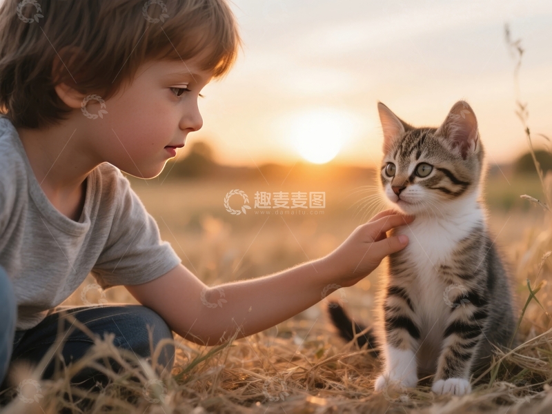 高清大图下载【趣麦麦图】小男孩与小猫在夕阳下的温馨互动