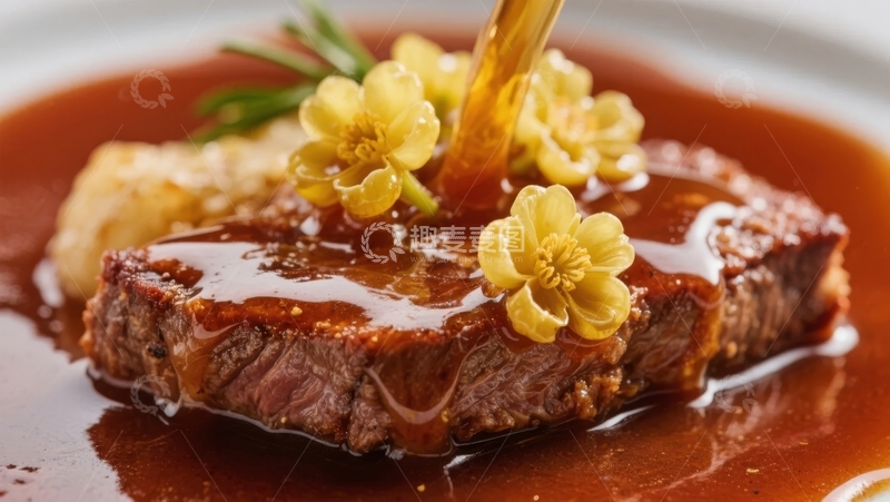 高清大图下载【趣麦麦图】浇汁牛排配花饰与酱汁