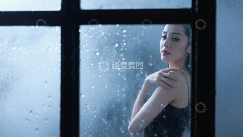高清大图下载【趣麦麦图】雨中窗前的沉思女子