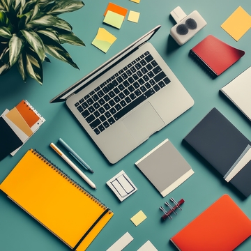 办公桌面布置，包含笔记本电脑和文具