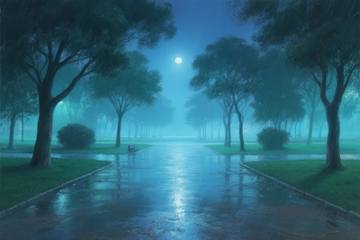 雨后公园，月光下的静谧小径