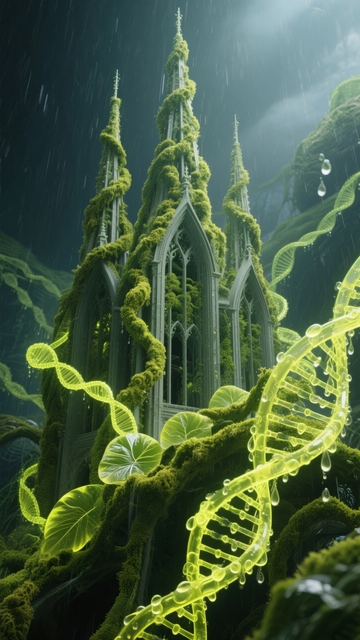 苔藓覆盖的尖塔与DNA双螺旋结构