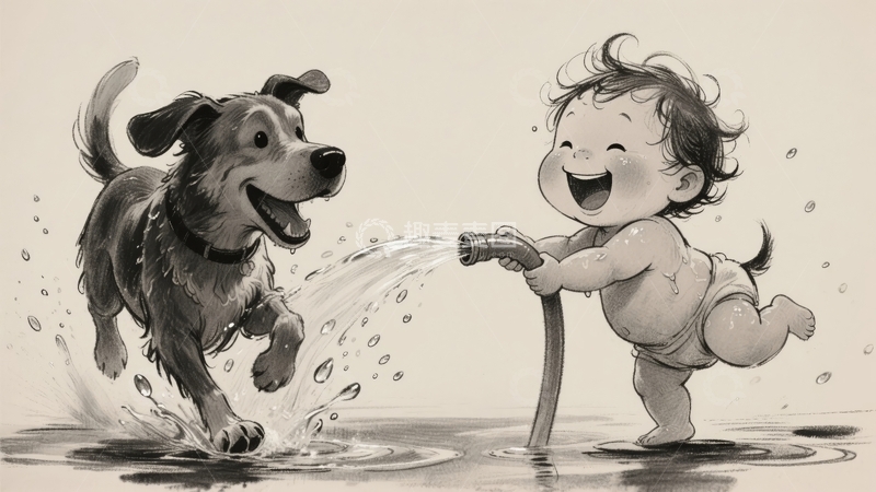 高清大图下载【趣麦麦图】宝宝戏水，狗狗欢跃