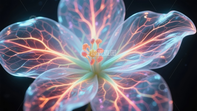 高清大图下载【趣麦麦图】发光的透明花朵，带有橙色脉络