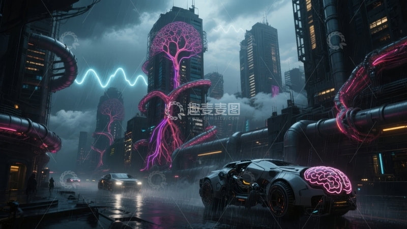 高清大图下载【趣麦麦图】未来城市夜景与智能车辆