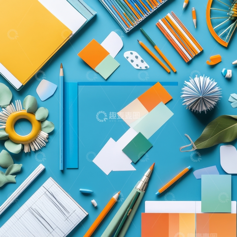 高清大图下载【趣麦麦图】多彩文具与办公用品的创意排列