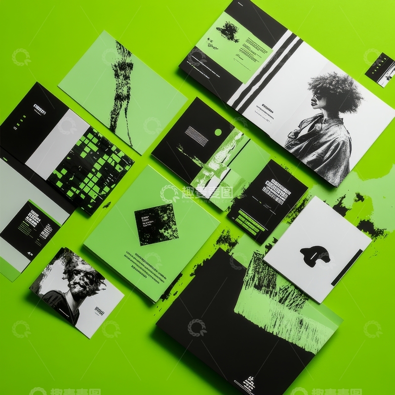 高清大图下载【趣麦麦图】绿色背景上的黑白设计元素集合