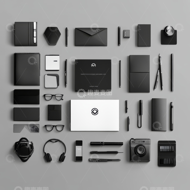 高清大图下载【趣麦麦图】黑色办公用品与电子设备的整齐排列