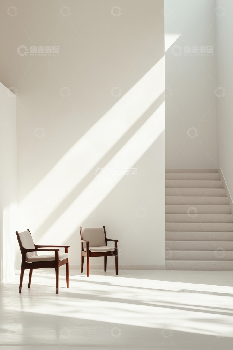 高清大图下载【趣麦麦图】阳光洒落的现代室内楼梯与座椅