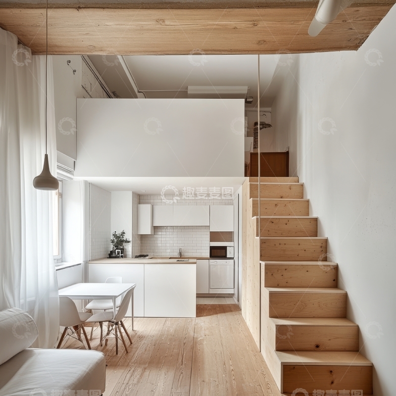 高清大图下载【趣麦麦图】现代简约风格的开放式厨房与楼梯设计