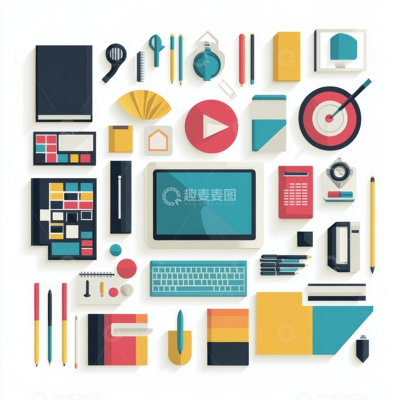 高清大图下载【趣麦麦图】办公用品与科技设备的平面设计组合