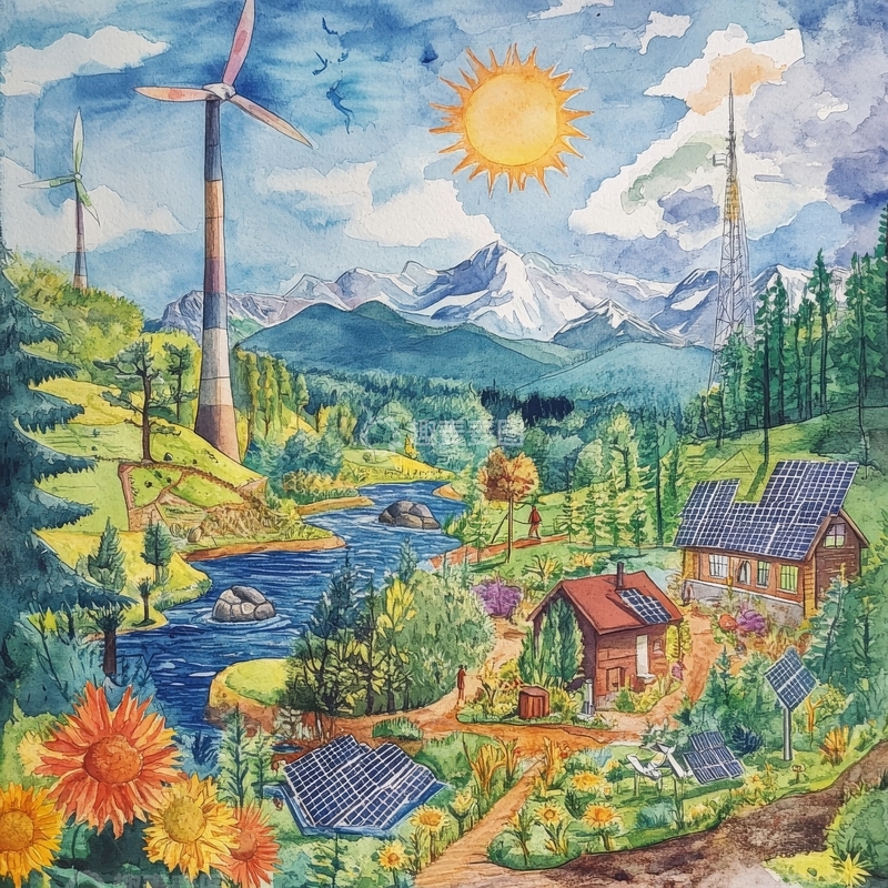 高清大图下载【趣麦麦图】绿色能源与自然和谐共生的乡村景象