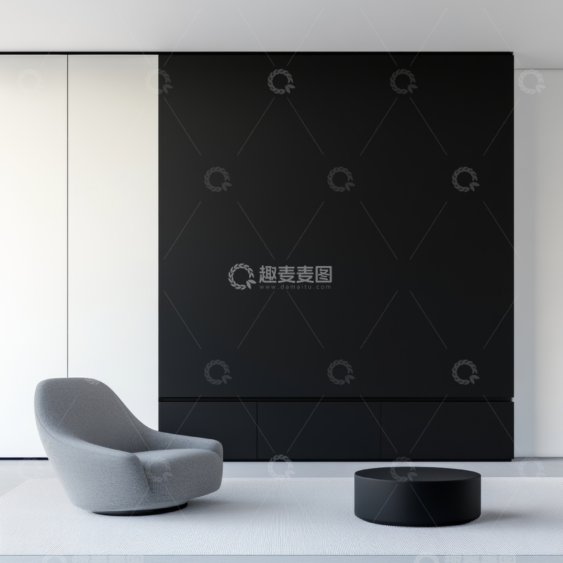 高清大图下载【趣麦麦图】现代简约室内设计，灰色沙发与黑色装饰墙
