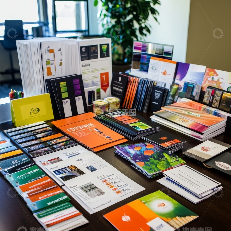 办公桌上摆放的各类宣传册和文件