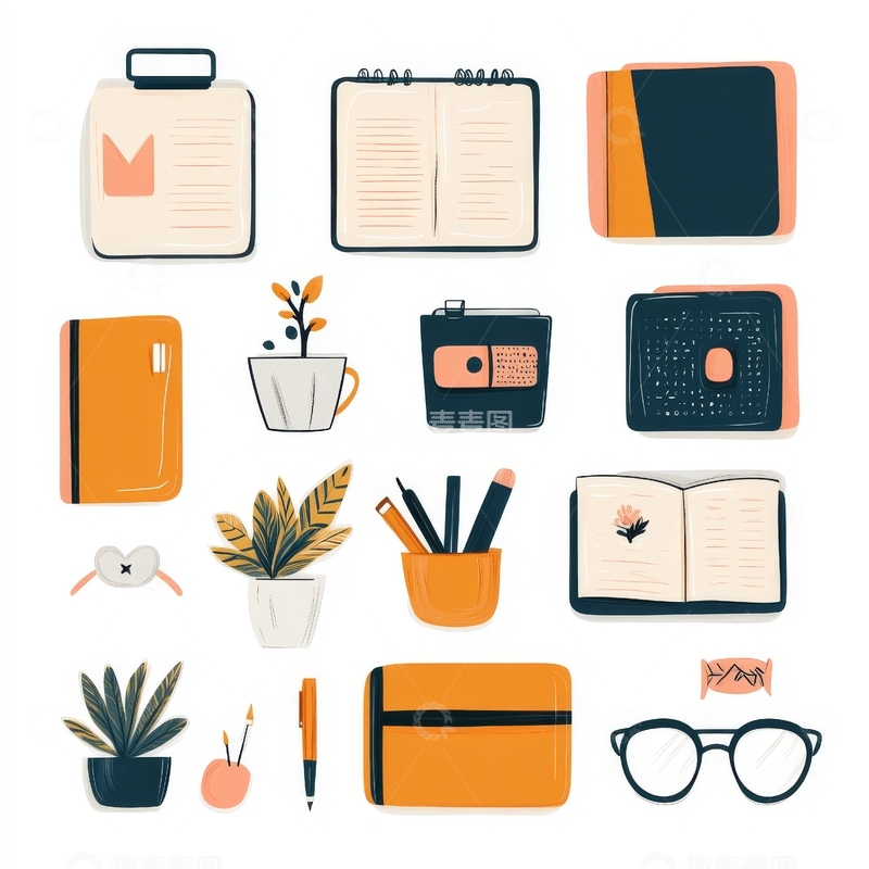 高清大图下载【趣麦麦图】办公学习用品与装饰植物插图