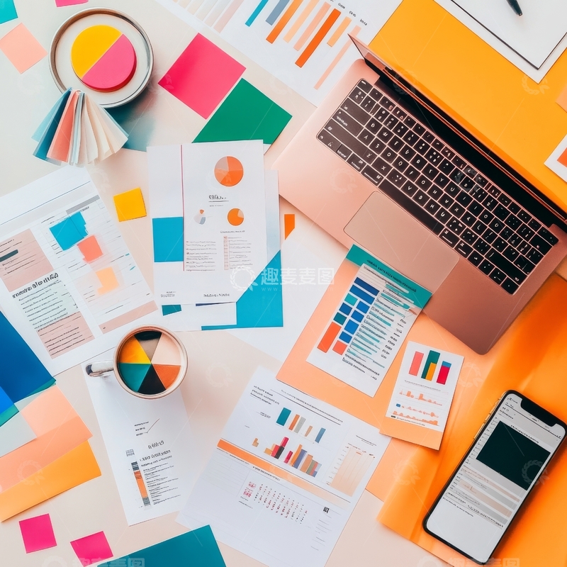 高清大图下载【趣麦麦图】办公桌面布局，图表与笔记本电脑