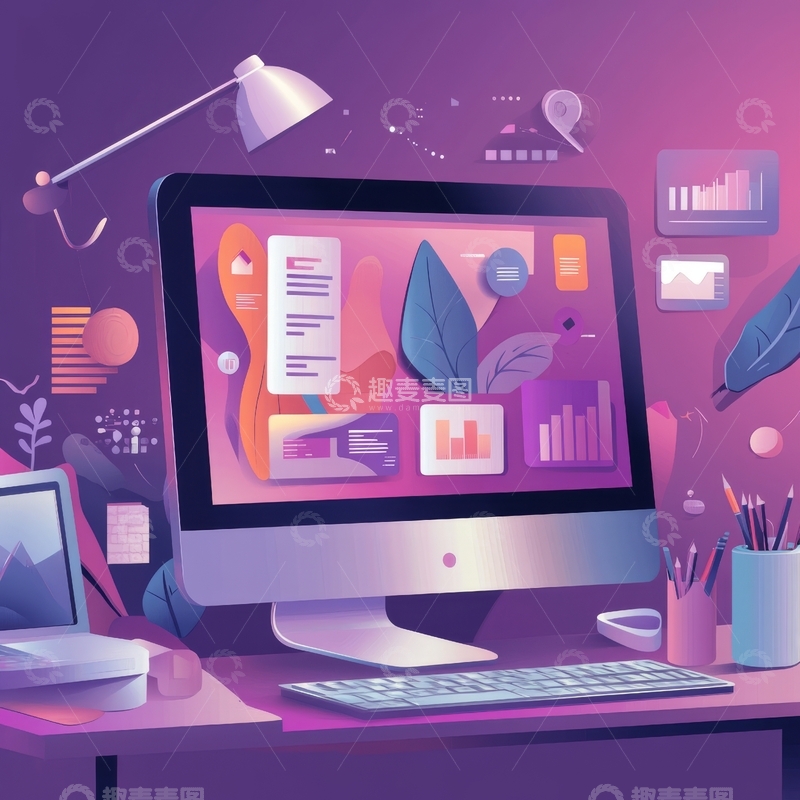 高清大图下载【趣麦麦图】紫色调办公桌面与电脑显示屏