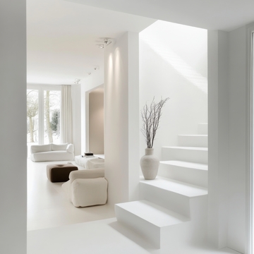 现代简约室内设计，白色楼梯与客厅