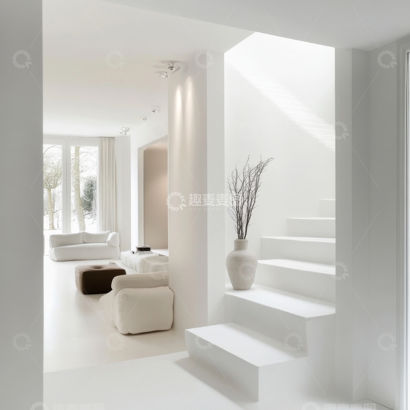 高清大图下载【趣麦麦图】现代简约室内设计，白色楼梯与客厅