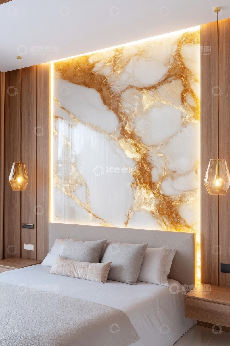 高清大图下载【趣麦麦图】现代卧室设计，金色大理石背景墙