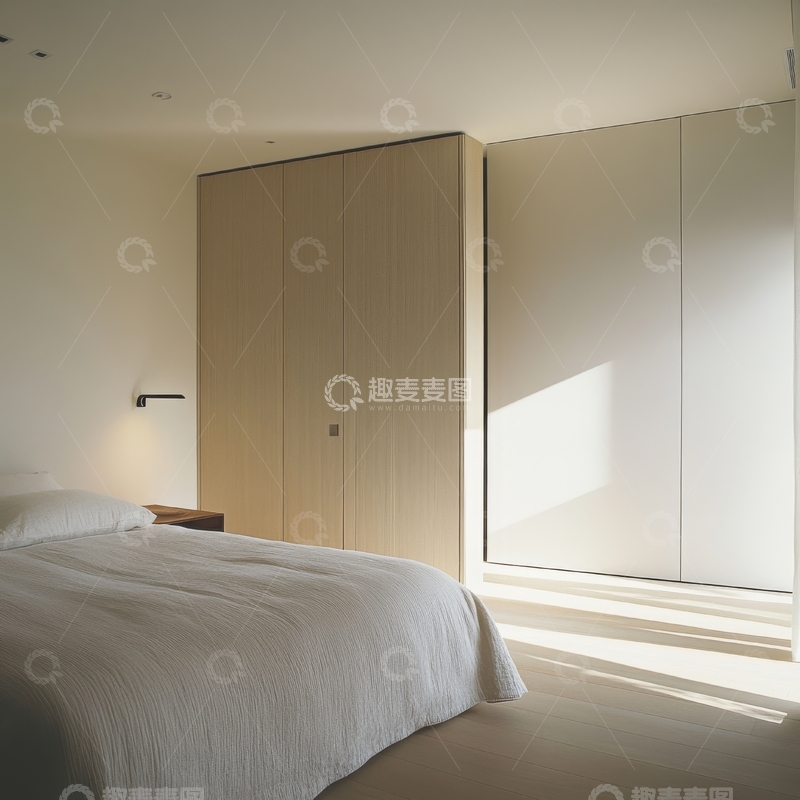 高清大图下载【趣麦麦图】简约现代卧室，阳光透过窗户洒落