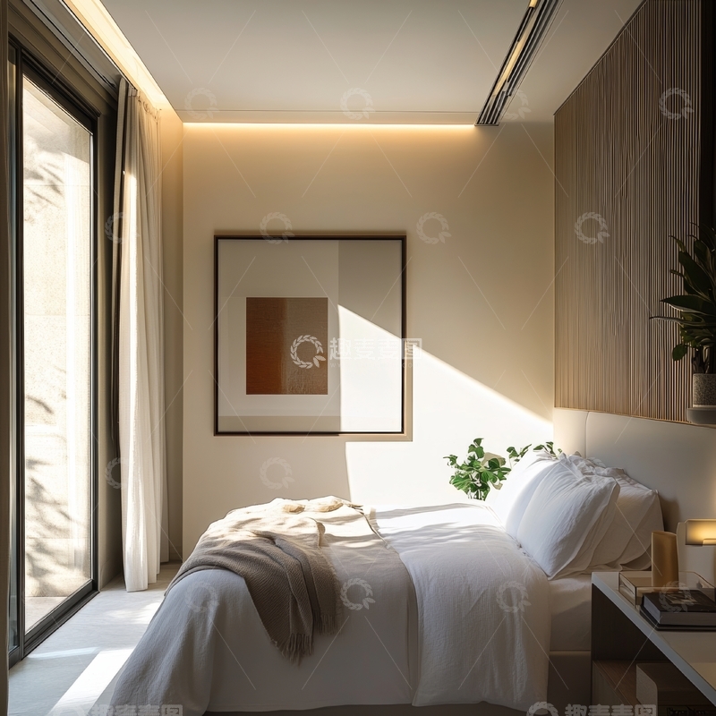 高清大图下载【趣麦麦图】现代简约卧室，阳光洒满温馨床铺