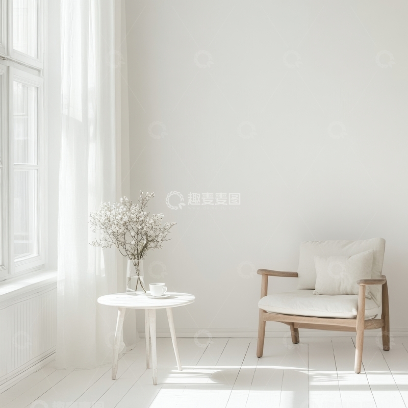 高清大图下载【趣麦麦图】简约室内一角，木质椅子与白色圆桌
